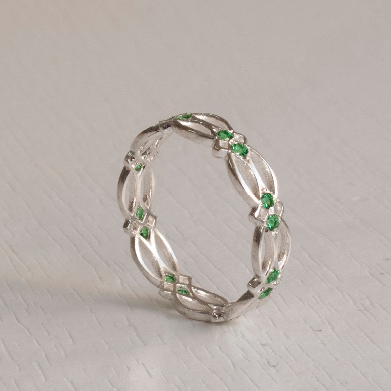 Celtic Ring Eternity Ring Emerald Ring Green Stones ring Sterling Silver or White Gold Ring texture pattern victorian gothic image 2