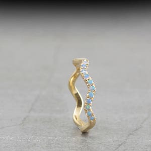 Gold Wave ring set with blue opals half eternity ring eternity band wavy ring image 3