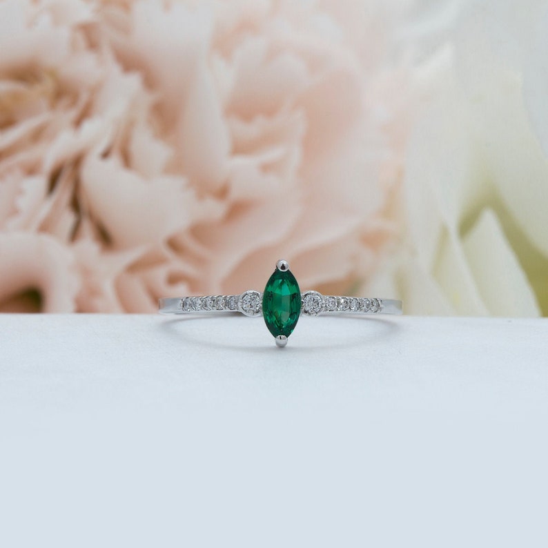 Marquise cut gemstone ring vintage yellow gold Emerald Diamond ring rose gold engagement dainty gold ring white gold