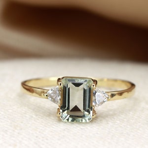 Emerald Cut Green Aquamarine Ring with Trillion Moissanite Accents - 14K Gold