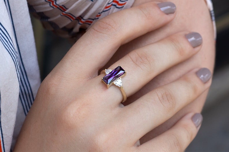 Amethyst Moissanite ring, vintage ring, baguette Amethyst , Purple gemstone, baguette ring solitaire, art deco, ring for women, antique image 3