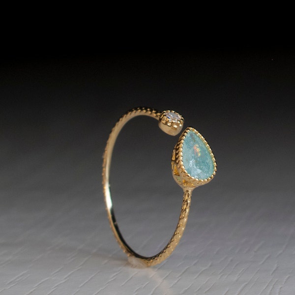 Solid Gold Open ring - Turquoise Green - adjustable Stacking ring