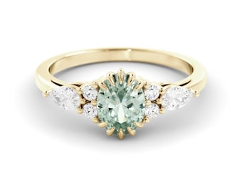 Aquamarine Ring: Green Oval Gem with Moonstones (14K Yellow Gold)
