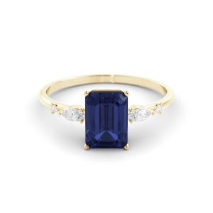 Blue Sapphire ring, Diamond ring, anniversary ring, engagement ring. dainty ring, 14K gold ring, emerald cut, promise ring