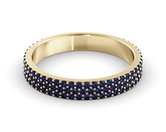 Blue Sapphire Pavé Ring: 14k Gold, Elegant Handmade Design