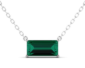Emerald Necklace: Baguette Cut Green Gemstone (Sterling Silver)