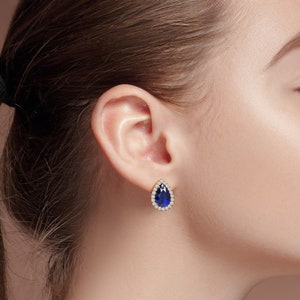Radiant Azure: Pear-Cut Sapphire & Diamond Halo Stud Earrings Handmade in 10K or 14K Gold