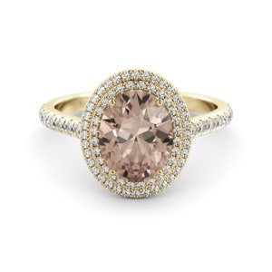 14K Gold double diamond halo ring set with an oval cut Natural morganite