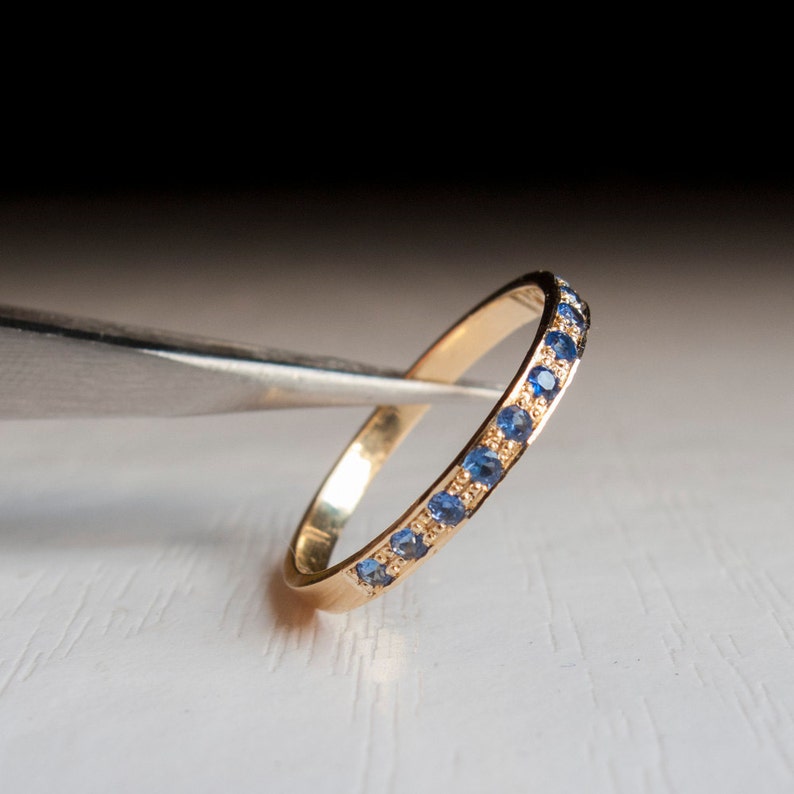 Gold half eternity ring Blue sapphire ring thin band stacking ring blue stone September birthstone dainty gold ring narrow image 1