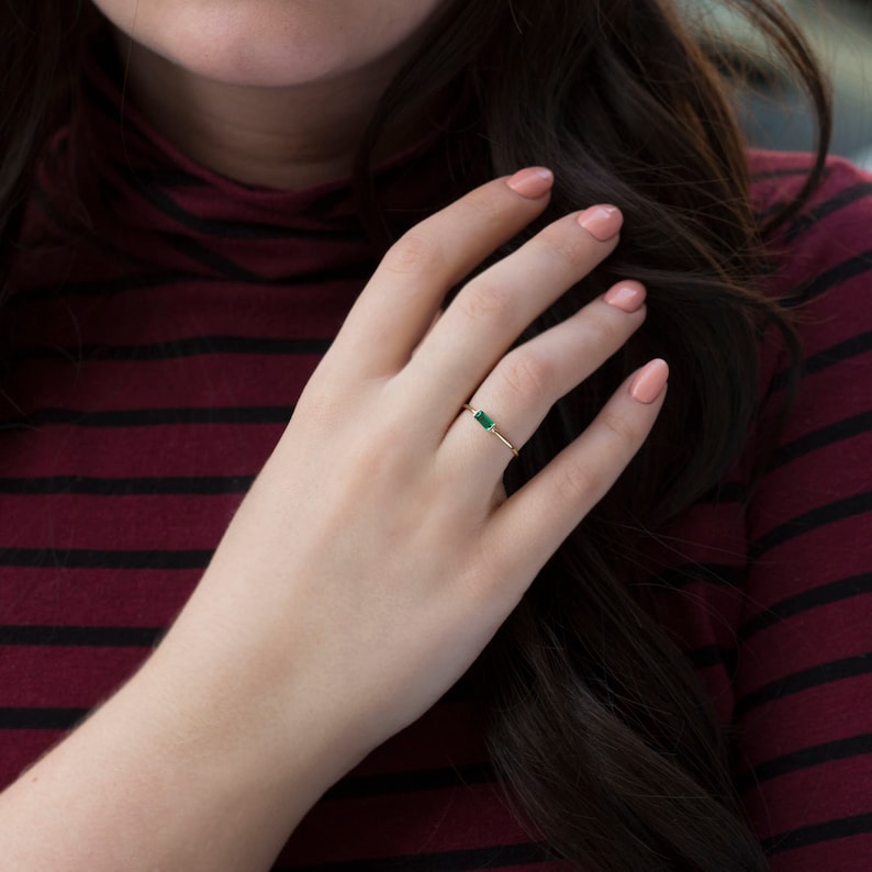 Emerald baguette ring, gold emerald ring, dainty emerald ring, 14 Karat gold ring , may birthstone, image 3