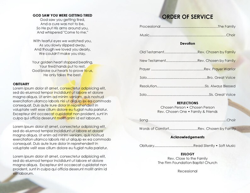 DIVINE ORCHIDS printable funeral program template Etsy