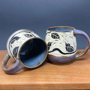 Handmade coffee pottery mug, pottery mug, mug with carved blackbird, mug with trees, mug with leaves, black and white, 12oz mug