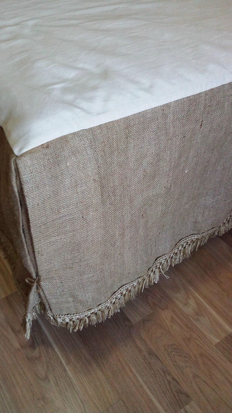 Burlap Dust Ruffle Bed Skirt With Rustic Fringe Farmhouse Etsy