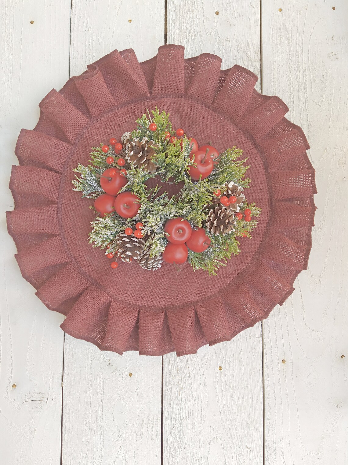 Burgundy Ruffled Burlap Placemats Round Rustic Table Etsy