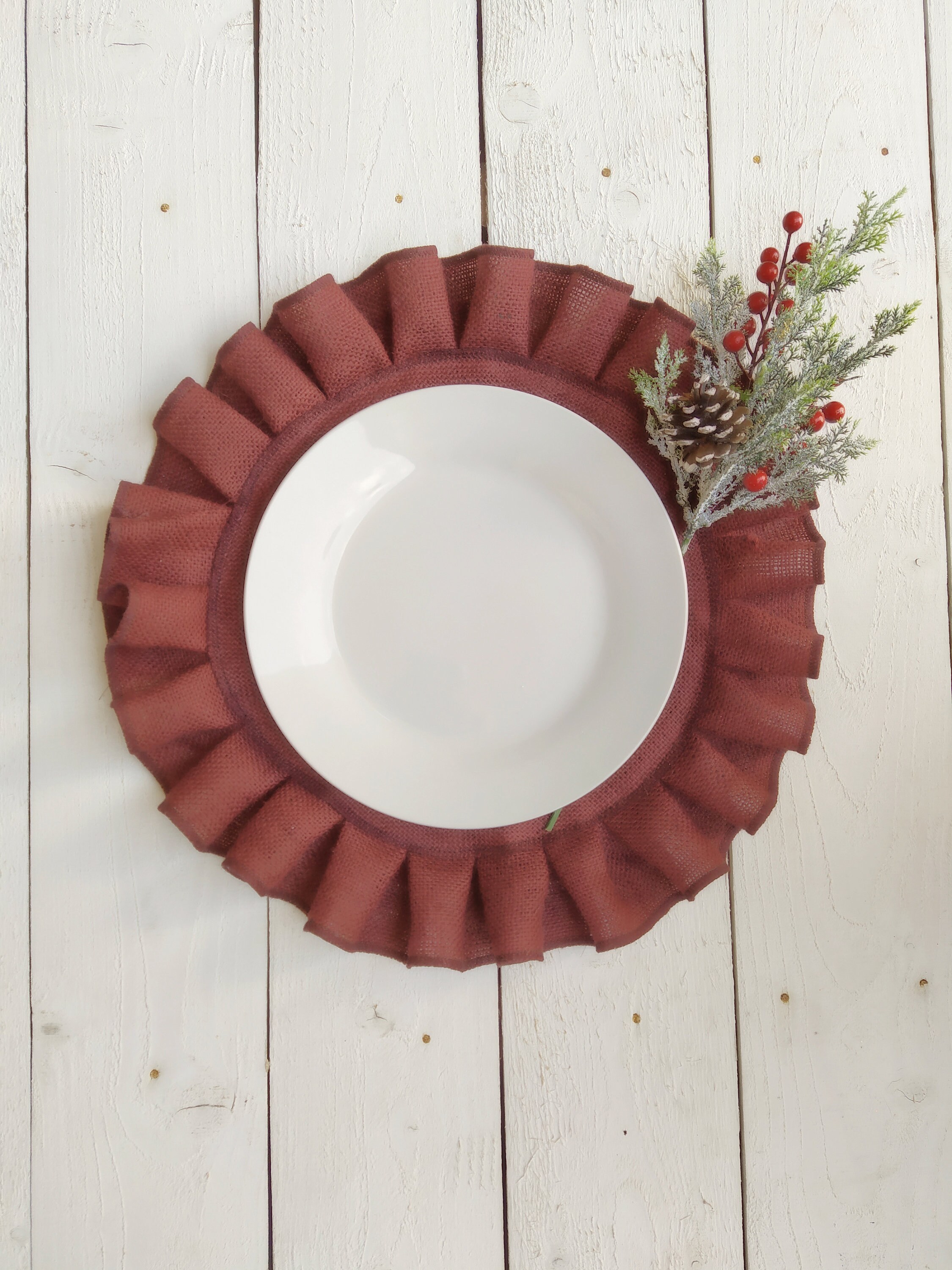 Burgundy Ruffled Burlap Placemats Round Rustic Table Etsy