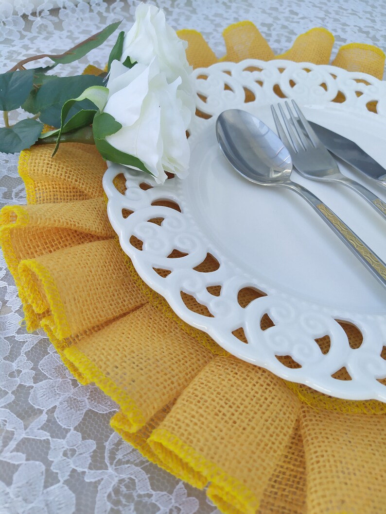 Ruffled Round Placemats Yellow Burlap Tablemats Hessian Etsy
