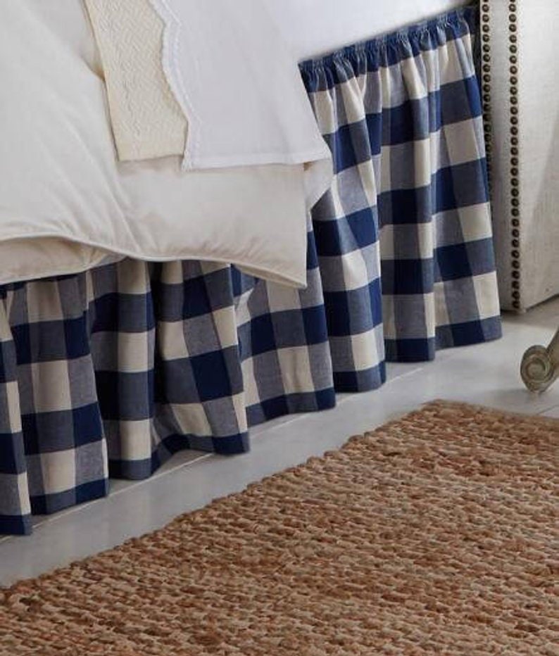 Navy Blue Buffalo Check Bedskirt Bed Skirt Plaid Valance Etsy
