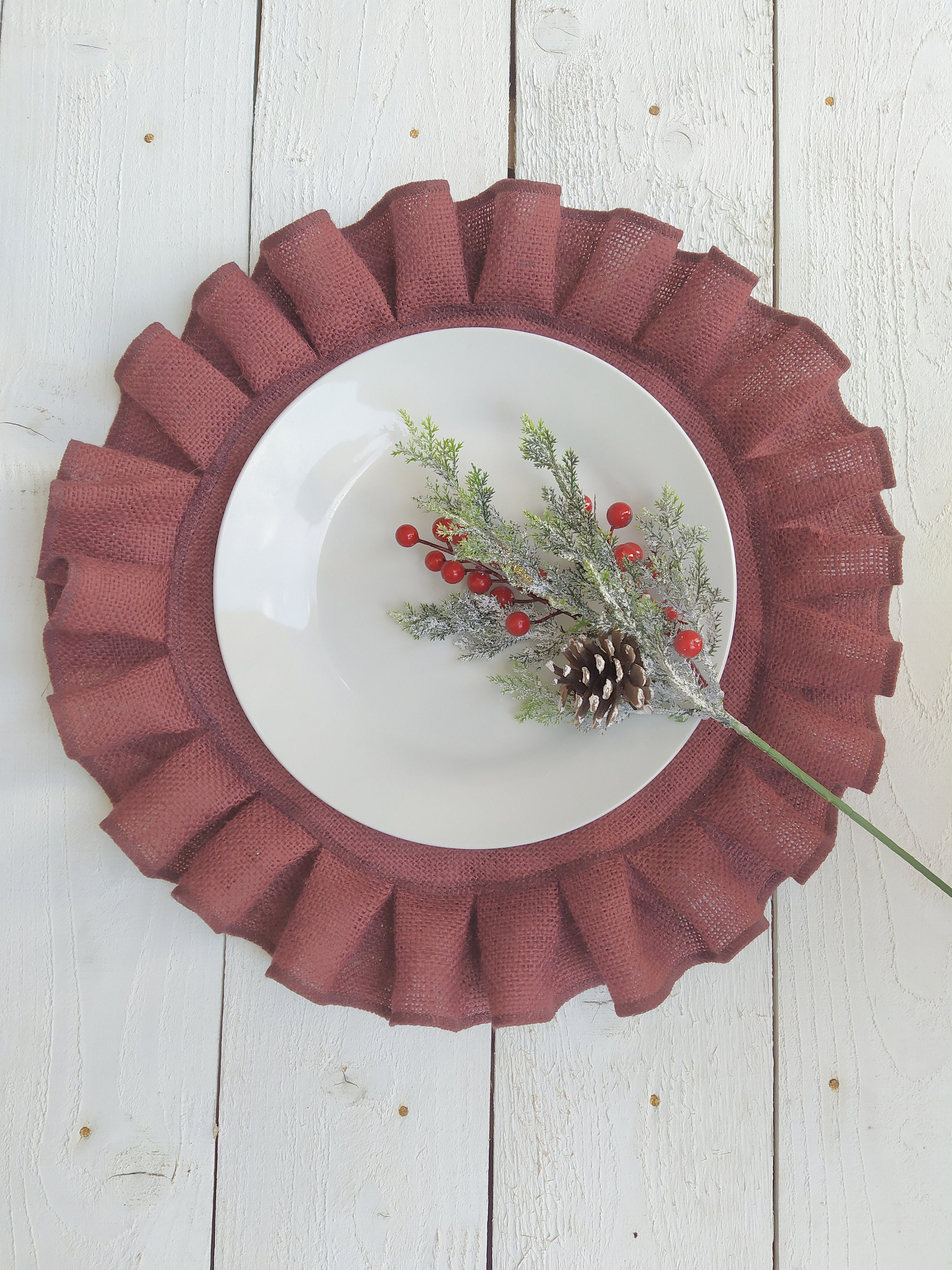 Burgundy Ruffled Burlap Placemats Round Rustic Table Etsy