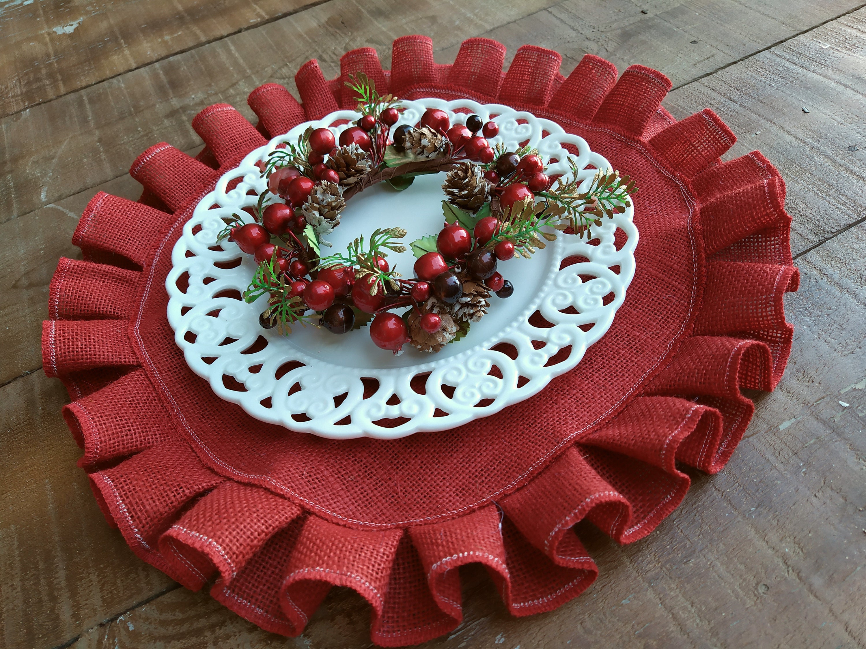 Christmas Ruffled Round Placemats Red Tablemats Burlap Plate Etsy