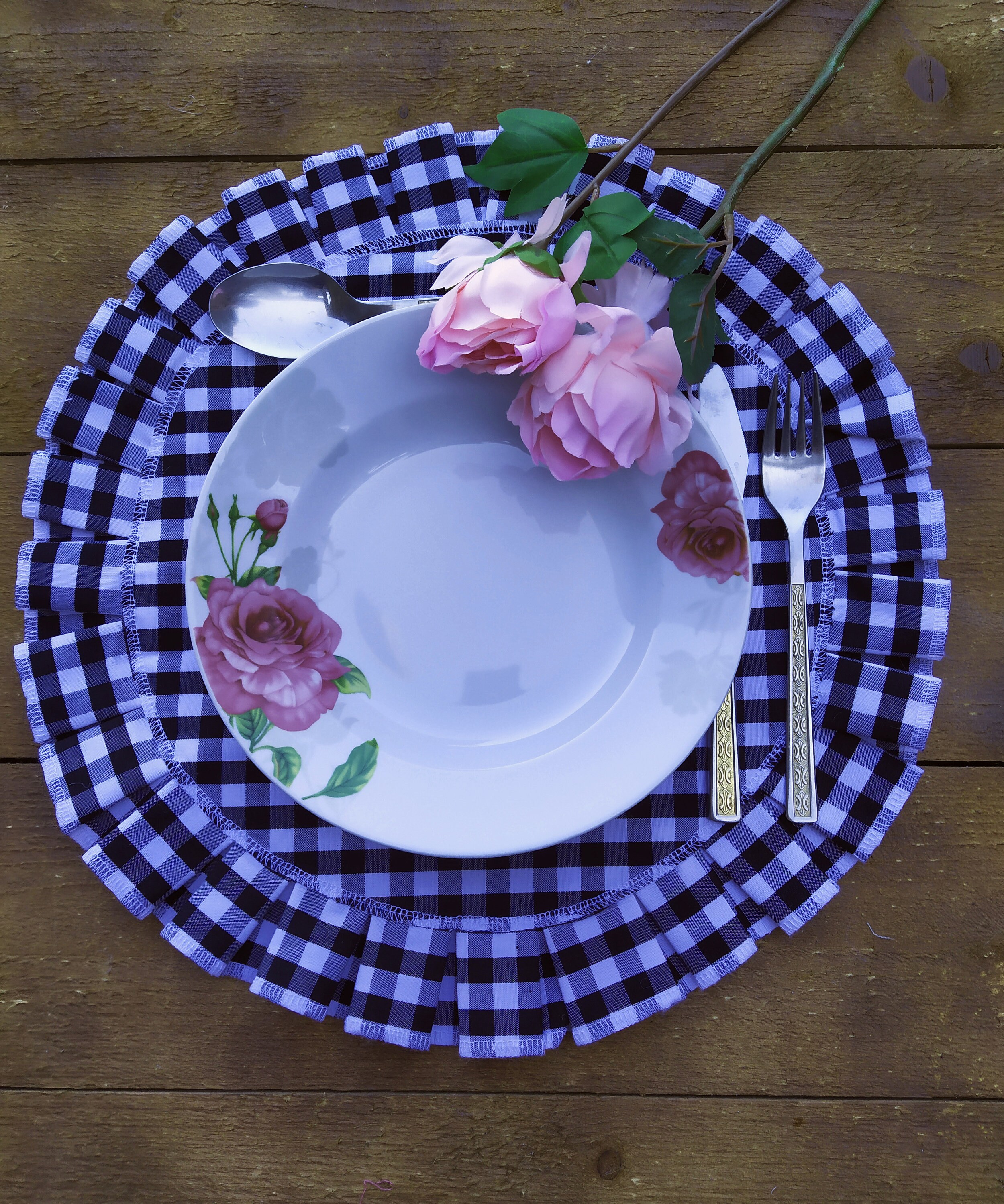 Round Ruffled Cotton Gingham Placemats Black & White Table Etsy