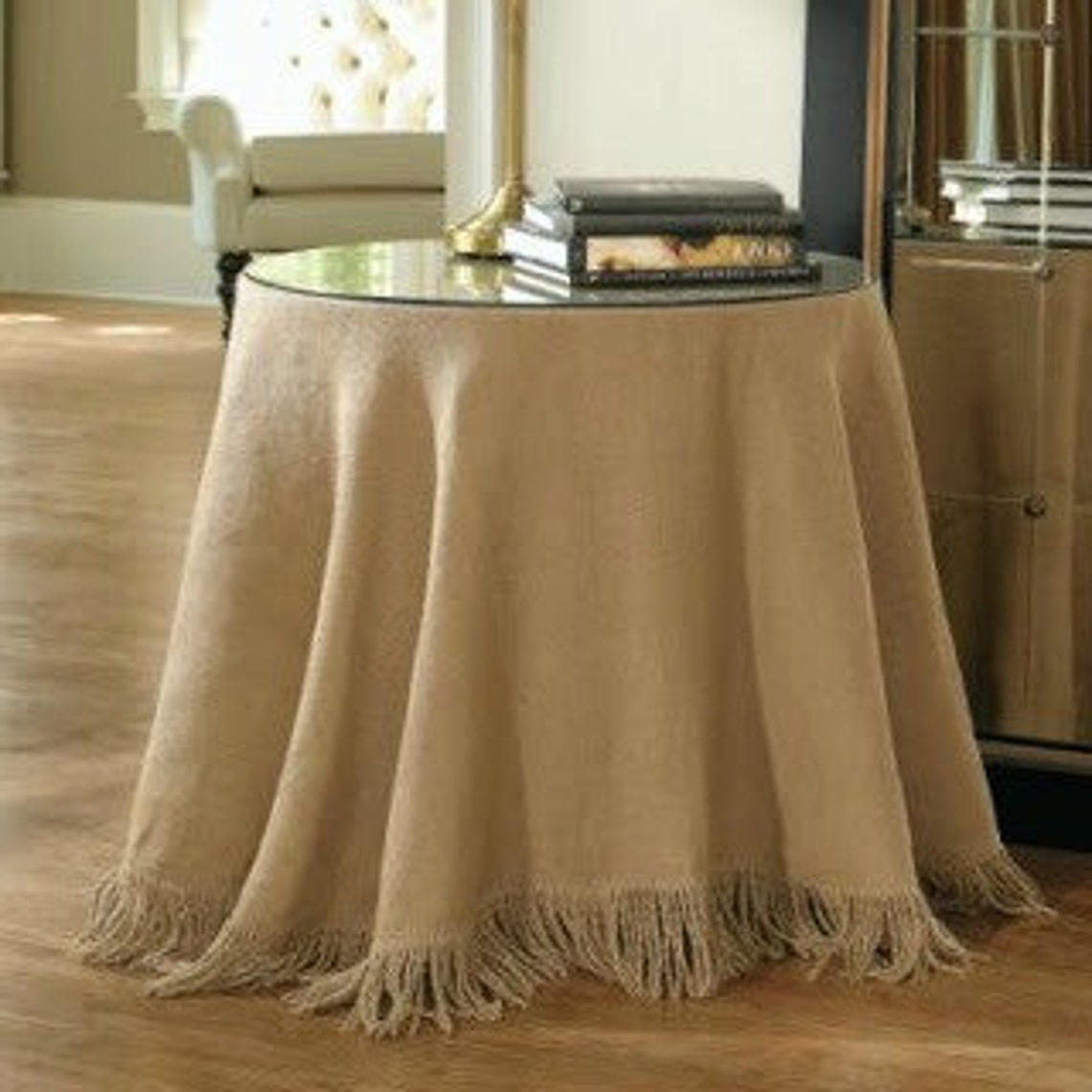 Round Rustic Burlap Tablecloth with Fringe 76 Etsy