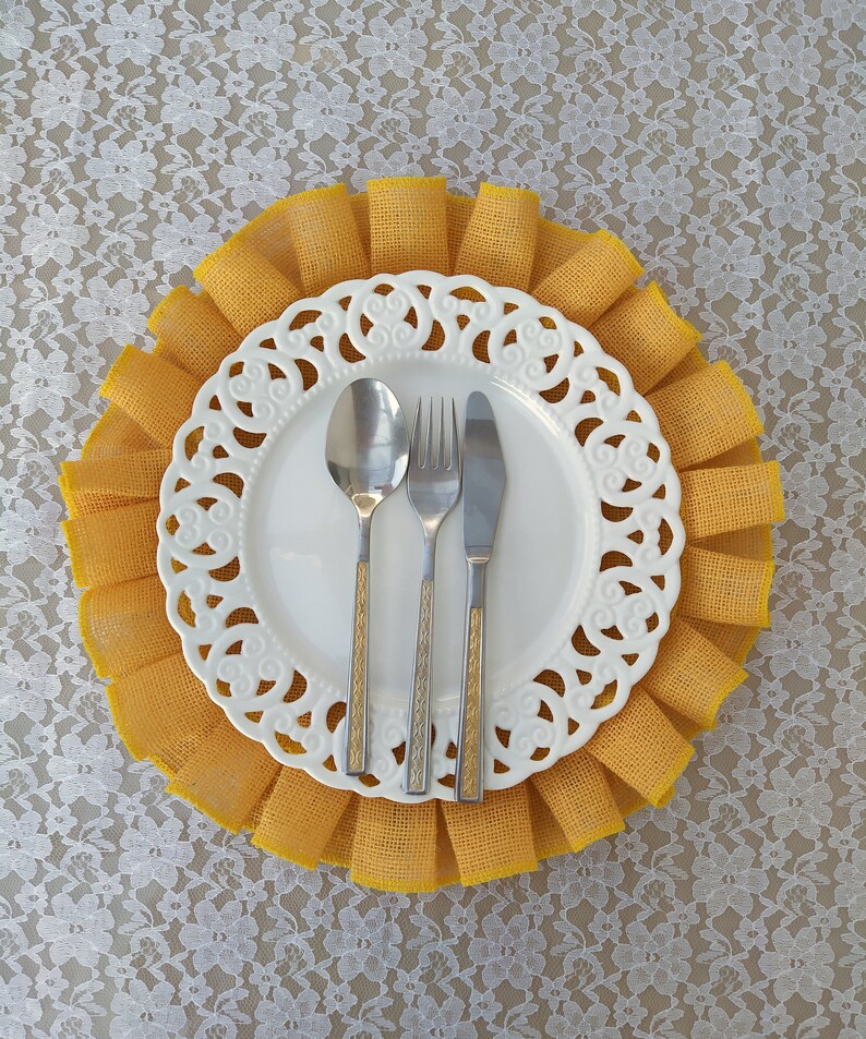 Ruffled Round Placemats Yellow Burlap Tablemats Hessian Etsy