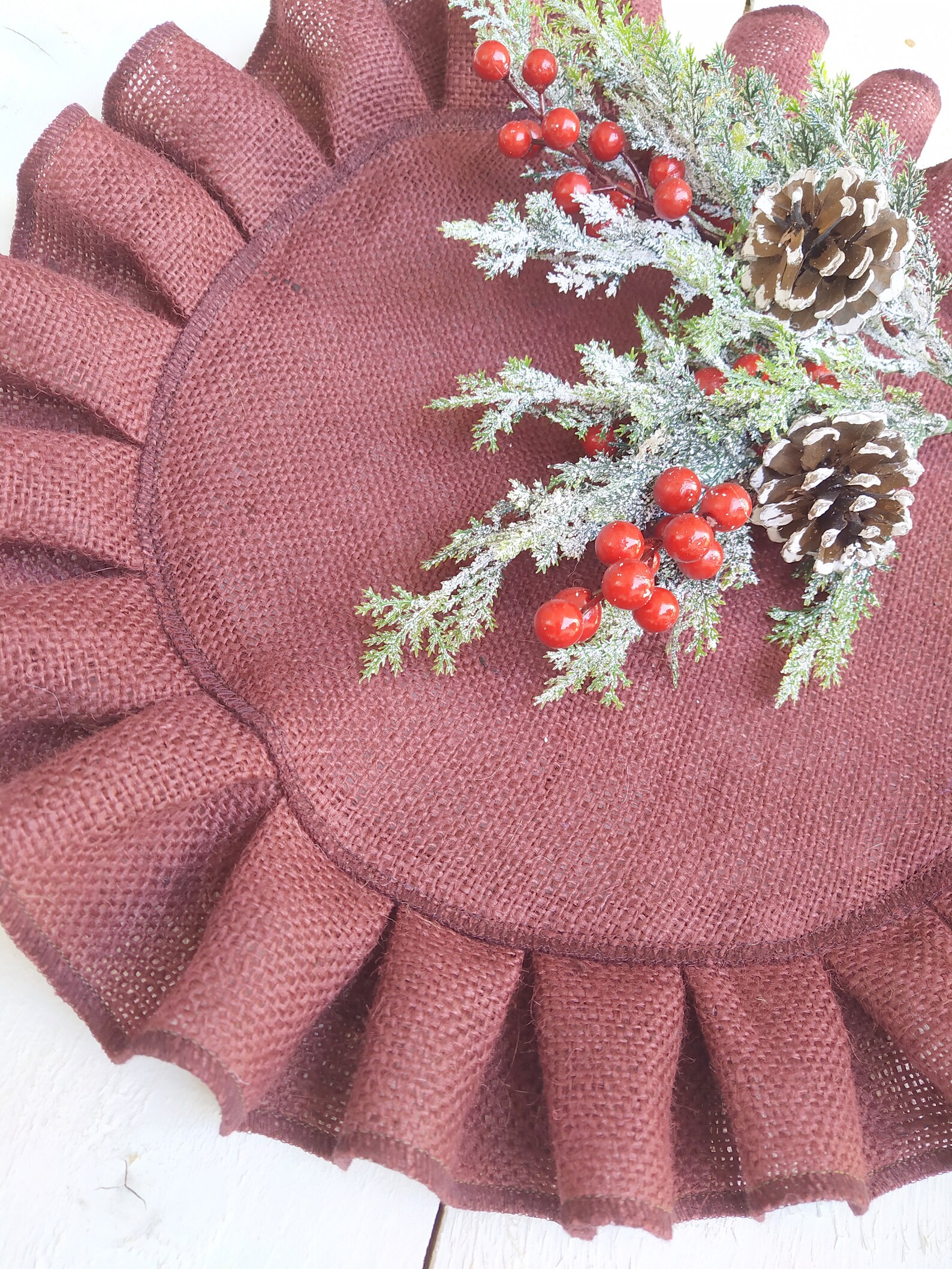 Burgundy Ruffled Burlap Placemats Round Rustic Table Etsy