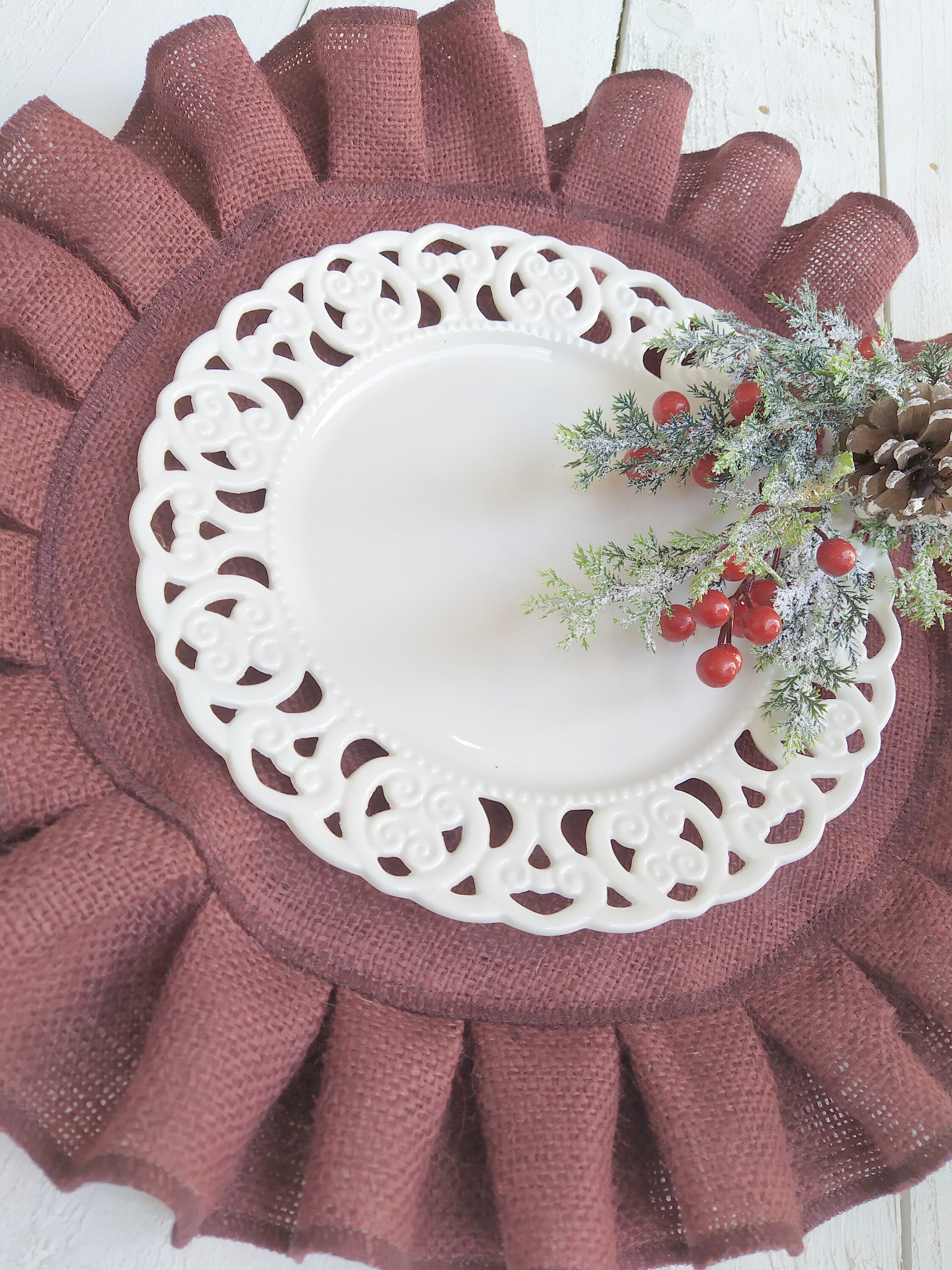 Burgundy Ruffled Burlap Placemats Round Rustic Table Etsy