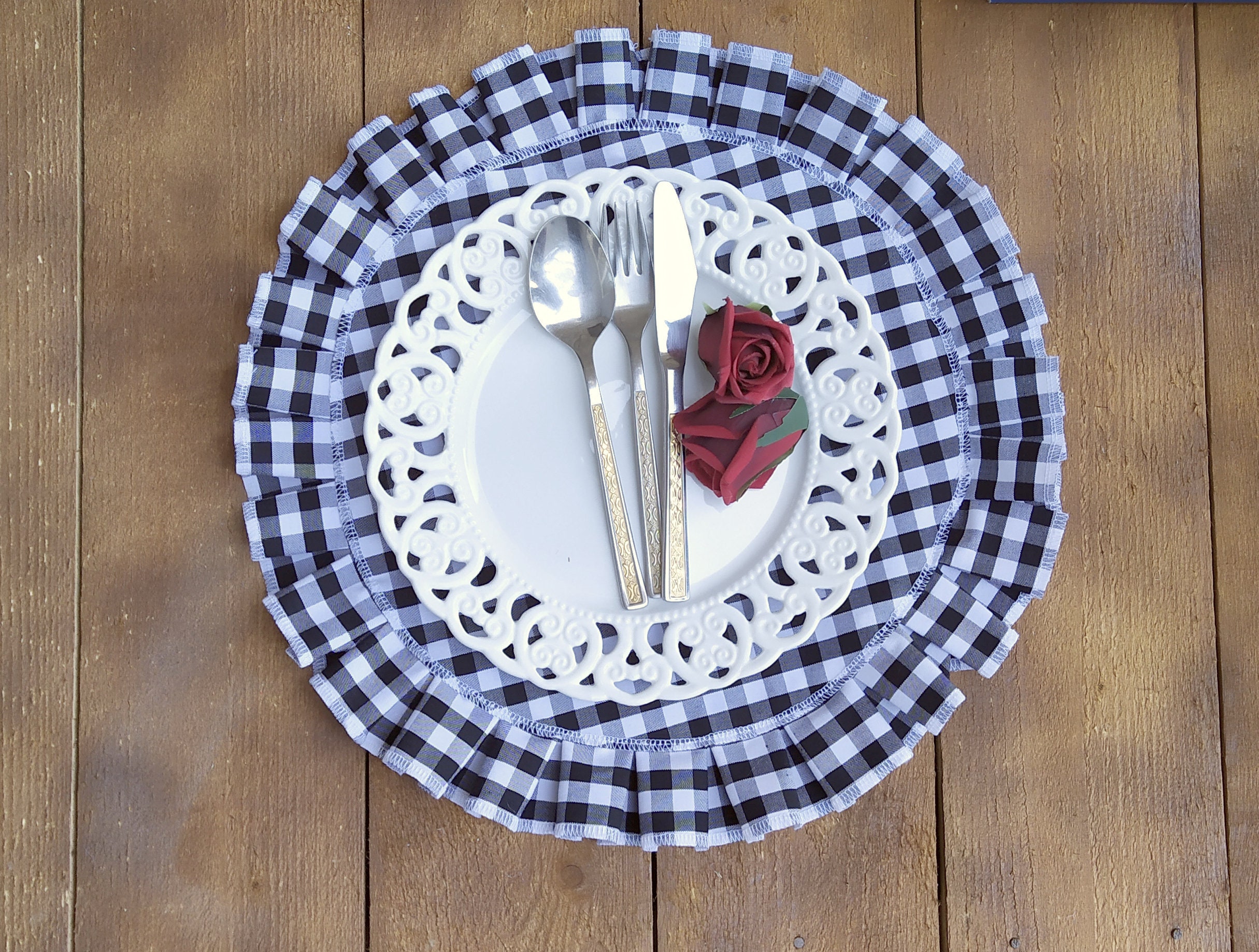 Round Ruffled Cotton Gingham Placemats Black & White Table Etsy