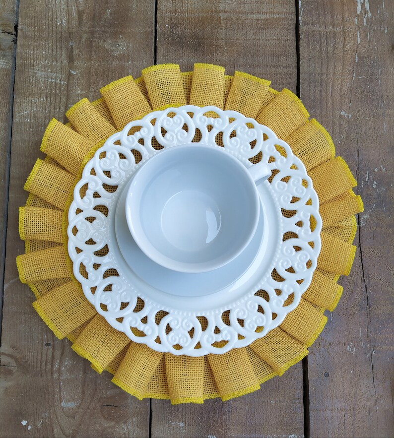 Ruffled Round Placemats Yellow Burlap Tablemats Hessian Etsy