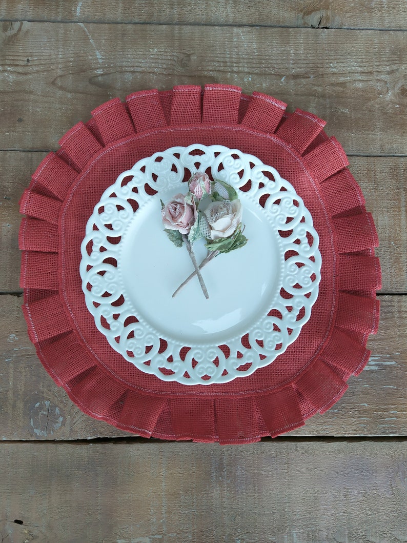 Red Ruffled Round Placemats Red Tablemats Burlap Plate Etsy