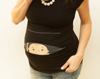 FREE SHIPPING, announcement maternity shirt, tshirt for new mom, cute pregnancy tunic, funny peekaboo shirt, baby peeking out top, gift idea