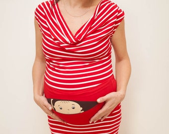 Striped Maternity Dress by Coockuboo. Peekaboo Dress Flattering Pregnancy Dress with Belly Band. Comfortable Stretch Fabric.Try it now!