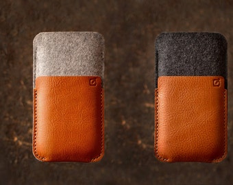 Google Pixel 6, Google Pixel 6 Pro Google Pixel 4a/4 case Free customisation light dark grey merino wool felt full grain tan leather
