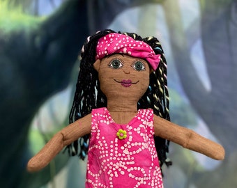 Brown Girl Rag Doll with Pink Dress and Headwrap