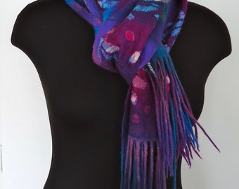 Outstanding wet felted scarf, artistic hand made scarf, handmade from soft merino wool and silk, colorful art scarf