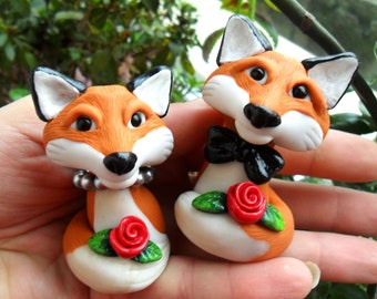 Fox Wedding Cake Topper - Choose Your Colors - Wedding Cake Topper Polymer Clay Figurines -  CUSTOMIZED for You with your own colors