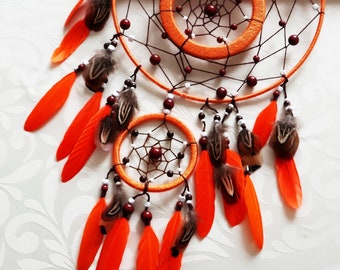 Dream Catcher Triple- Wall Decoration- Wall Hanging- Orange Dream Catcher