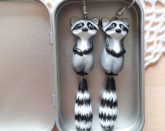 Raccoon Earrings - Animal Earrings - Ploymer Clay Earrings - Dangle Tail Raccoon