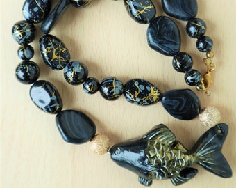 Black Goldfish Necklace, Charm Necklace, Black and Gold Abstract Beads