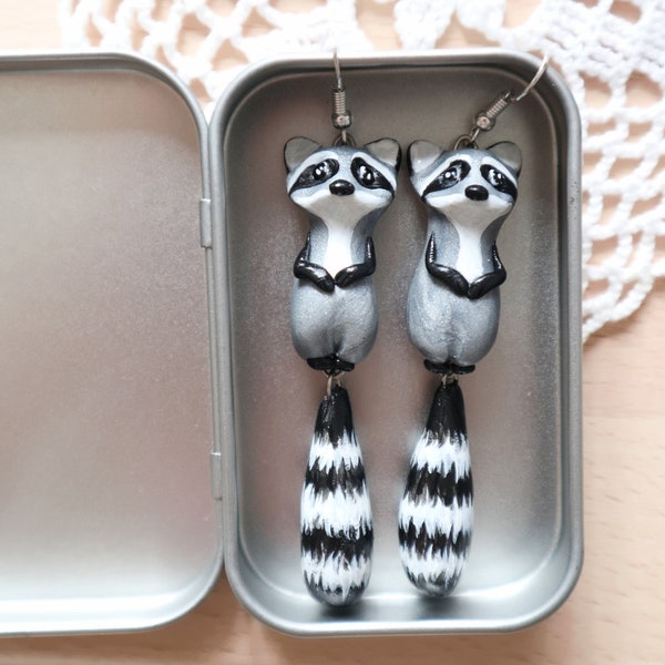 Raccoon Earrings - Animal Earrings - Ploymer Clay Earrings - Dangle Tail Raccoon