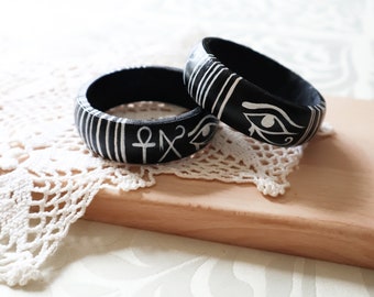 Bracelet- Hand Painted Wooden Bracelet- Egypt Style-  Wooden Hoop- Two For One Price