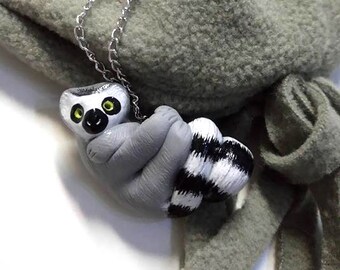 Ring-Tailed Lemur Necklace - Animal Pendant Necklace - Ploymer Clay Jewelry - Polymer Clay Necklace