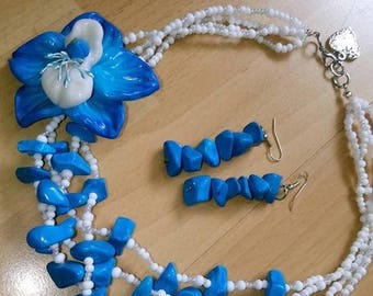 Turquoise Orchid Necklace- Multi Strand Flower Necklace with Earrings- Orchid Jewelry Set- Necklace and Earrings