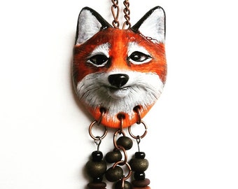 Red Fox Spirit Animal, Fox Totem Necklace, Polymer Clay Animal OOAK Pendant, Talisman