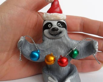 Santa Sloth Christmas Ornament - Cute Christmas/Birthday Cake Figurine - Winter Sloth Figurine - Polymer Clay Sloths