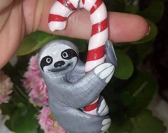 Santa Sloth Christmas Ornament - Christmas Tree Ornaments - Sloth Miniature Figurines - Sloths with Lollipop Stick