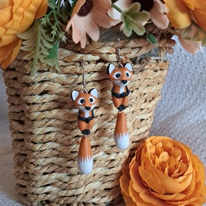 Red Fox Earrings - Dangle Tail Earrings - Animal Earrings - Ploymer Clay Earrings - Moveable Tail
