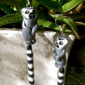 Ring-Tailed Lemur Earrings - Animal Earrings - Ploymer Clay Earrings - Dangle Tail Lemur