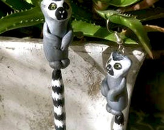 Ring-Tailed Lemur Earrings - Animal Earrings - Ploymer Clay Earrings - Dangle Tail Lemur